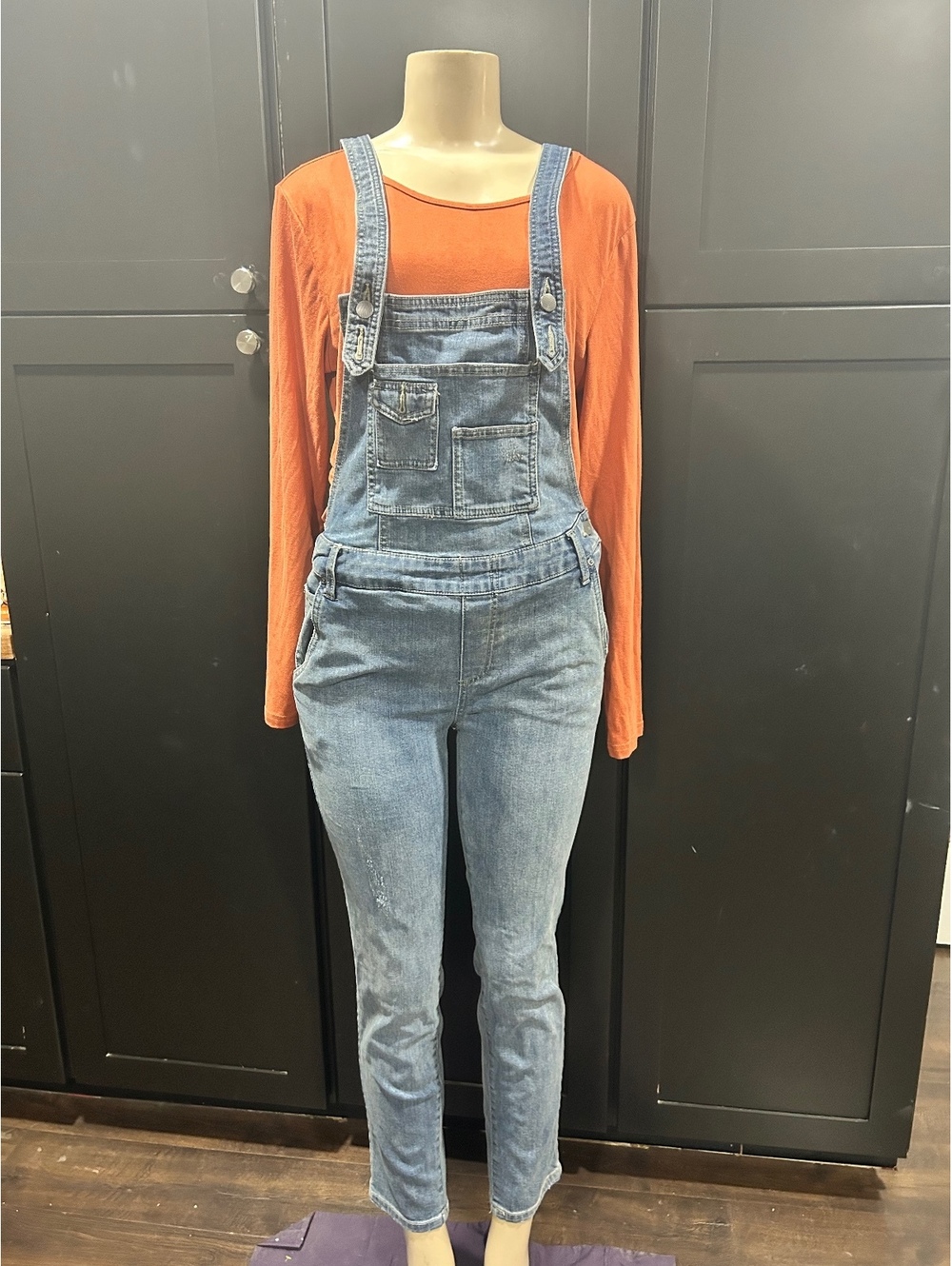 Light Blue Denim Skinny Overalls with Adjustable Straps